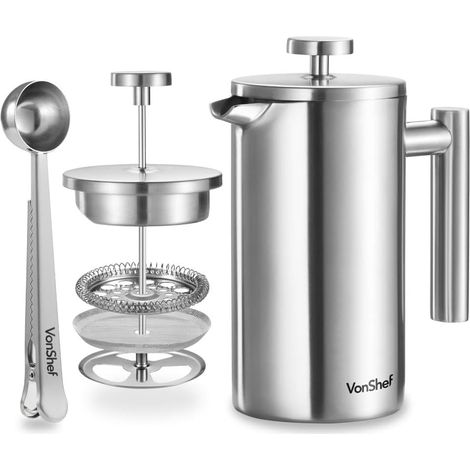 Cafetière à Piston 800 ml - Acier Inoxydable - Filtre Lavable - 6 Tasses - Double Paroi