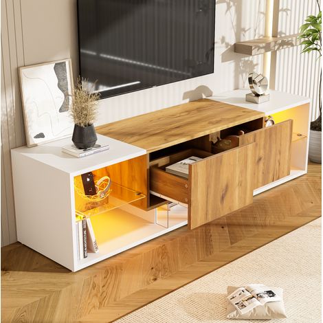 REDOM - Meuble TV 160x40x42cm moderne éclairage LED réglable panneau de particules chêne naturel et blanc antique (1/5)