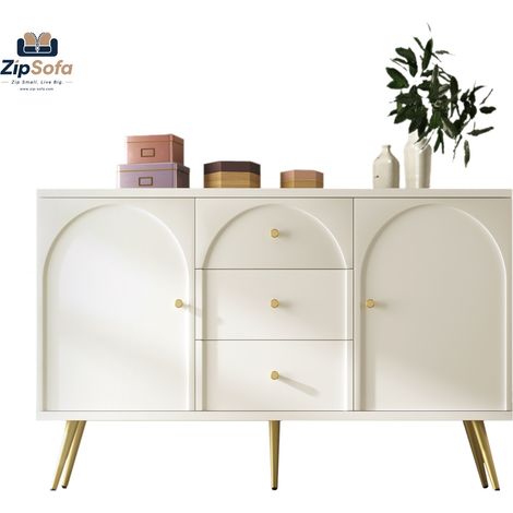 Commode 2 portes et 3 tiroirs, blanc, avec rangement réglable, pour salon et chambre, crème-blanc H84/B140/T40 cm