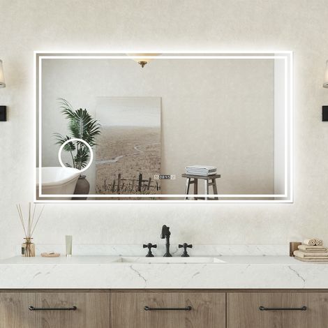 Specchio bagno Rettangolare 160x80cm Led Con 3 Luci + 3X Lente d'ingrandimento + Orologio + Antiappannamento (1/5)