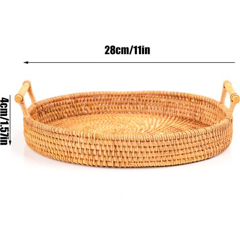 Plateau de service rond en rotin tressé à la main, panier à pain, fruits, desserts et collations avec poignées. Diamètre : 28 cm, hauteur : 4 cm. (1/5)