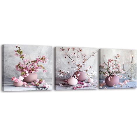 Peinture sur toile thème rose, Peinture à l’huile de fleur de cerisier sur toile, Fleur de pêche, Tableaux murales florales pour Salon Chambre, 30x30cm, avec cadre intérieur, 3 pièces (1/5)
