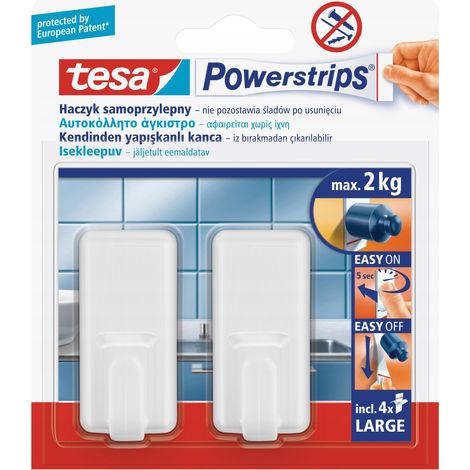 Ganci TESA, appendiabiti, in plastica, autoadesivi, grandi, fino a 2 kg, bianchi, 2 pezzi. (1/3)