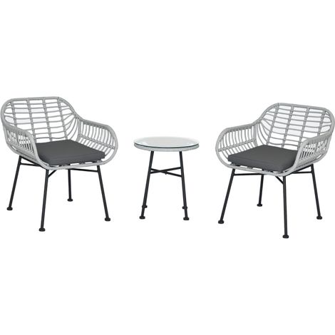 Ensemble de mobilier de jardin 3 pièces en rotin PE, salon de jardin avec 2 chaises et table basse en verre, gris, idéal pour terrasse et bistro.