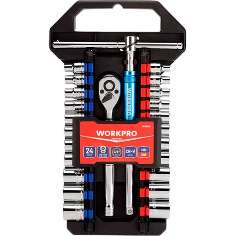 Llave de carraca y vasos 3/8 pulg, juego 24 piezas, métrico-sae