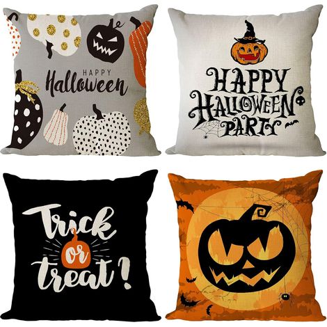 Juego de 4 fundas de cojín de Halloween, 45 x 45 cm, estampado de calabazas, negras, de lino, cuadradas, para sofá, sillón o hogar. (1/5)