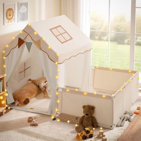 Tente Enfant 2-en-1 – Cabane Intérieure Enfant avec Parc de Jeu, Tente de Jeu avec Lumières et Drapeaux – Grand Espace, Matériau Doux – Idéal pour Décoration de Chambre et Fêtes (1/5)