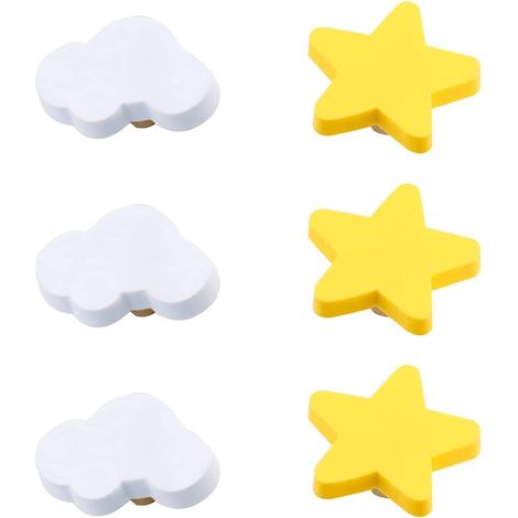 Lot de 6 boutons en caoutchouc souple, forme étoile et nuage, pour tiroirs et placards d'enfants.