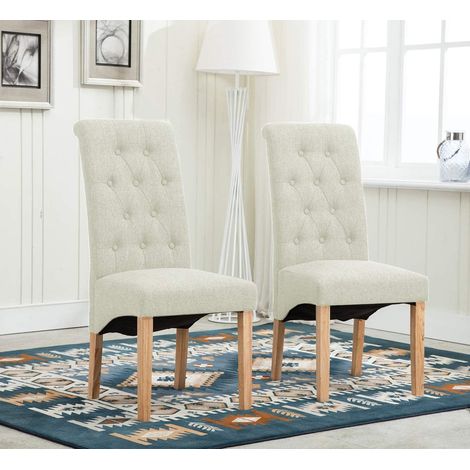 2 x Lined Fabric Dining Chairs Roll Top Scroll High Back home& restaurants BEIGE
