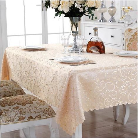 Nappe de table rectangulaire en jacquard couleur champagne 140x240 cm, facile d'entretien