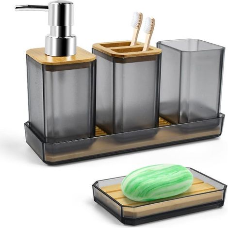 Juego de cinco accesorios de baño: portacepillos de dientes, dispensador de jabón, jabonera, bandeja y vaso para cepillos de dientes. (1/5)