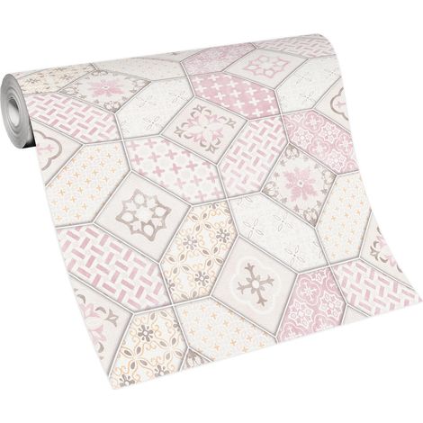 Papier peint imitation carrelage rose idéal salle de bain  Tapisserie à motif géométrique moderne  Papier peint motif carreaux de ciment rose (1/5)
