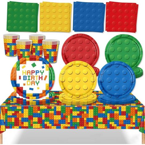 Partygeschirr Set Bausteine für 16 Gäste, Geburtstag Deko Kinder, Pappteller, Becher, Servietten, Tischdecke