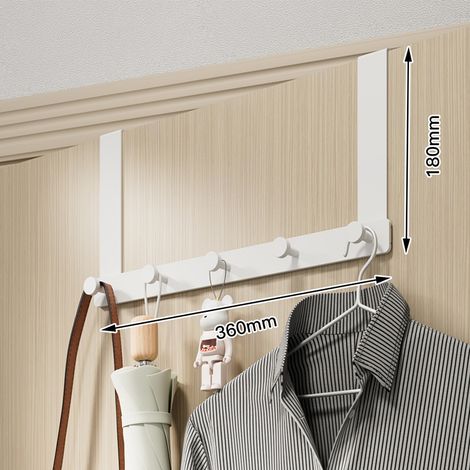 Cintre de Porte 5 Crochets en Aluminium Léger sans Perçage pour Maison - Support Mural Silencieux pour Vêtements et Sacs en Blanc (1/5)