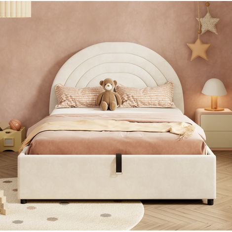 Cama infantil tapizada en terciopelo beige 140x200 cm con cabecero, arcón hidráulico y somier de láminas (1/5)