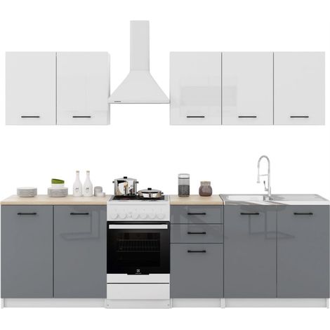 Dusine – Cuisine complète Sanclar 6 éléments – Haut blanc brillant 57cm – Bas gris laqué 82cm – Largeur totale 2m – Fabrication européenne (1/3)