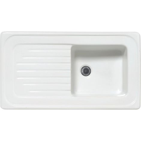 Évier céramique blanc 90x50 cm – 1 bac réversible avec égouttoir – Équipement inclus : bonde, siphon, tuyaux d'évacuation – EWI