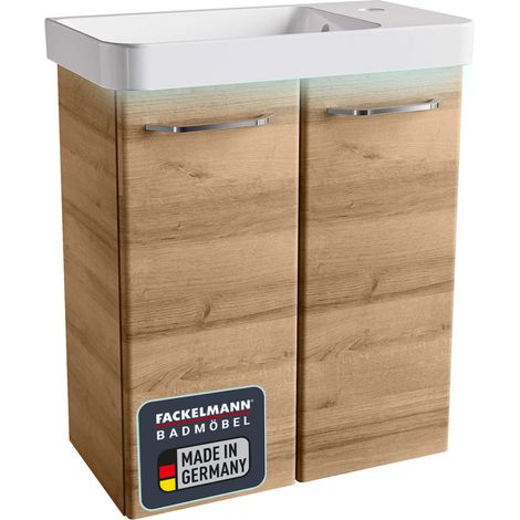 FACKELMANN MILANO Badmöbel Set 3 Teile / Waschbecken / Waschbeckenunterschrank mit 2 Türen / LED-Beleuchtung / Badschrank mit Soft-Close / Gäste WC Set / Korpus & Front: Braun hell / Breite: 55 cm"-"0 (1/5)