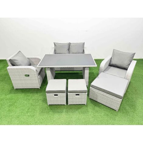 Fimous Outdoor Rattan Garden Furniture Dining Set 7-seater Patio Rectangular Table Love Sofa Reclining Chair Set with 3 Stools (1/4)