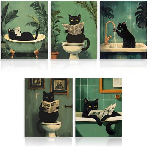 5pcs Chat Noir Tableau Decoration Murale 25 20cm Poster Mural Humour Affiche Murale étanche Affiche Toilette Decoration Salle de Bain Toile Decoration Bathroom Painting Vintage Sans Cadre (1/5)