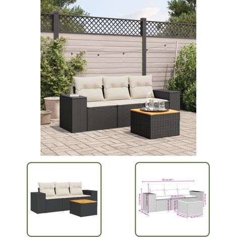 The Living Store Salon de jardin 4 pcs avec coussins noir résine tressée - Salon De Jardin - Meuble Extérieur - Set Salon - Résine Tressée - Rotin Synthétique (1/3)