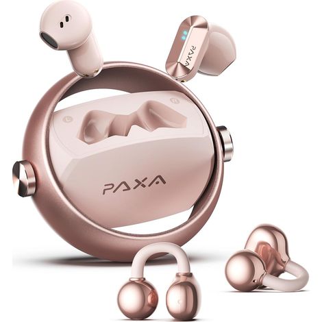 Double Casque 2-en-1 Clip Open-Ear Écouteurs Bluetooth sans Fil, Bluetooth 6.0-0 Délai, 140H Autonomie, Reconnaissance L/R Automatique, Réduction Bruit Hybride Travail/Sport/Quotidien, Or Rose (1/5)