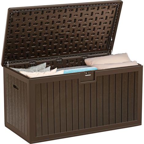 Boîte de rangement de jardin d'extérieur en résine imperméable avec couvercle verrouillable, banc de rangement toutes saisons pour meubles de terrasse, coussins, outils de piscine (1/5)