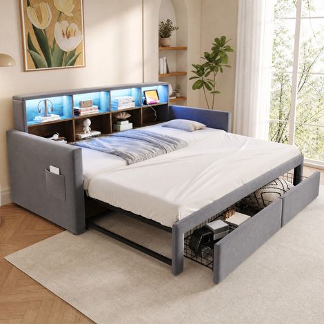Cama extensible 90x190 cm de terciopelo gris claro con almacenaje, sin colchón FloraGrace (1/5)