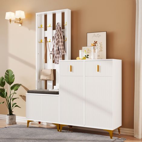 Ensemble de garde-robe blanc, armoire à chausseurs avec portes et tiroirs+porte-manteau avec des crochets dorés