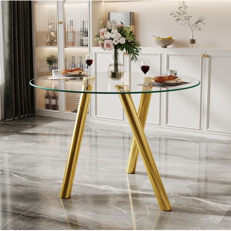 Tavolo da pranzo rotondo 89 cm in vetro temperato, gambe in metallo dorato HAVRYA (1/5)