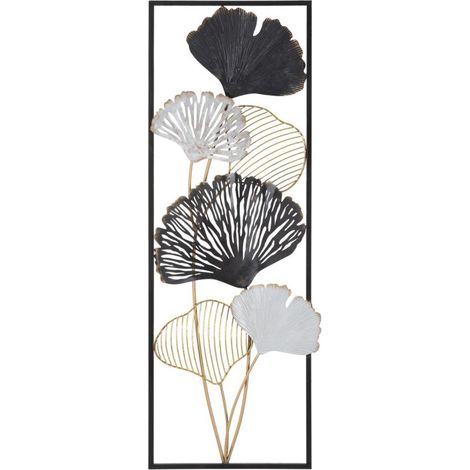 Pannello decorativo da parete Ory A con foglie di ginkgo in cornice nera 31x90 cm