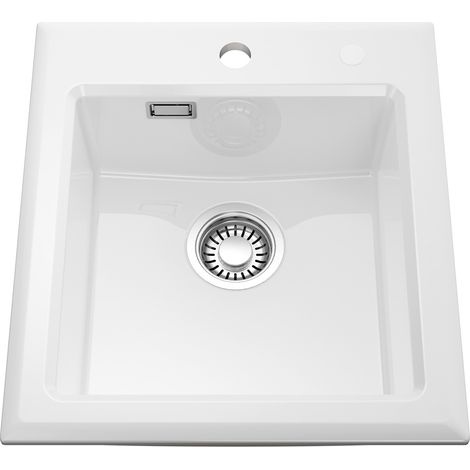 CECIPA MAX Küchenspüle Keramik 45 x 50 cm , Einzelbecken mit Siphon und Überlauf, 45 cm Aufsatzspüle, weiß Keramik Spülbecken (1/5)