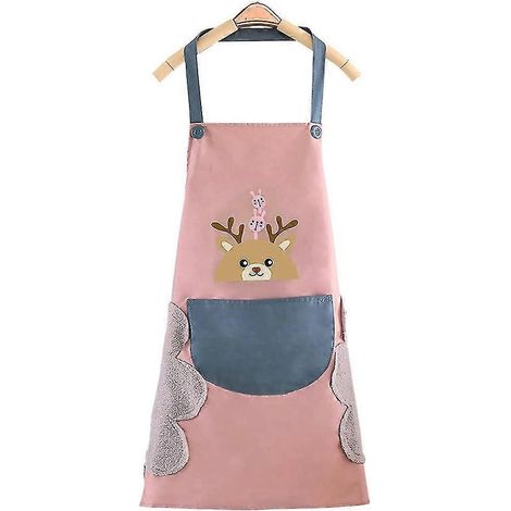 Niedliche rosa Hirschschürzen für Frauen, mit Taschen, 2 Seiten Handtüchern aus Korallensamt, wasserdicht und ölbeständig (1/5)