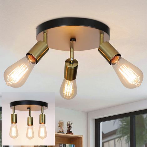 GBLY Plafoniera Plafoniera - Vintage 3 Lampadine Rotonda Lampada da Camera Moderna Oro Nero E27 Lampadario Industriale Girevole per Camera da Letto Sala da Pranzo Cucina Corridoio Soggiorno
