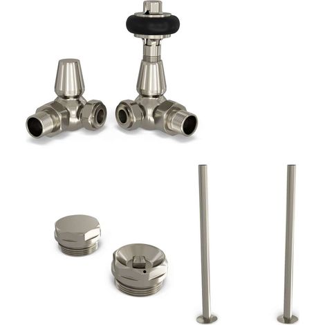 Signature Wooden Head - Silver Nickel Thermostatic Radiator Valve & Installation Kit Corner 15mm (1/3)