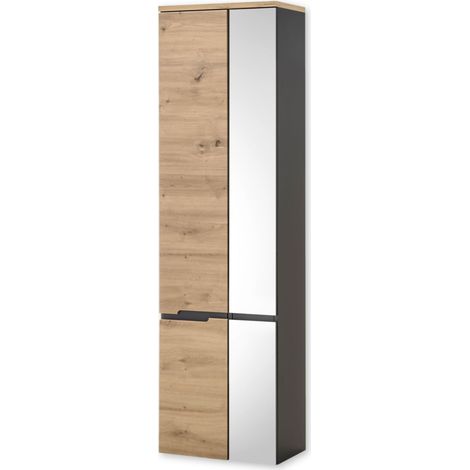 Haute Flottante Aspect Artisan Armoire de Salle de Bain avec Porte Miroir, Bois d'ingénierie, Chêne Artisanal/Gris, Hochschrank (1/5)