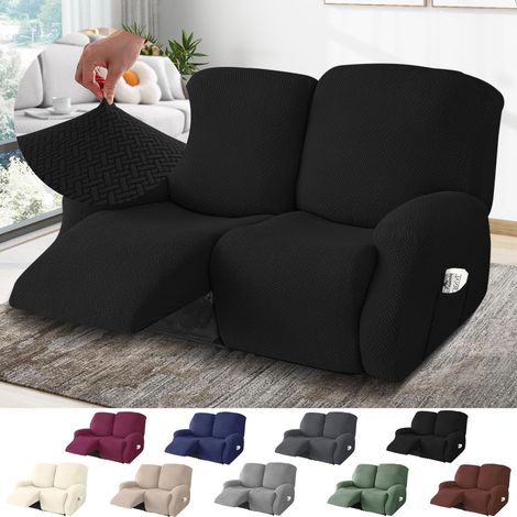 2-Sitzer Sessel Überzug, Sesselbezuge Stretch mit Taschen, All-Inclusive Streifen-Jacquard Sesselschoner für Fernsehsessel Relaxsessel Sesselhusse (Schwarz, 6-Teilig)