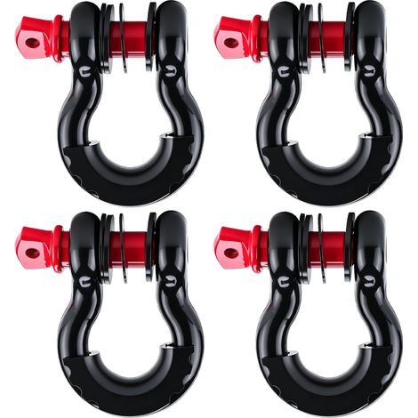 Lot de 4 manilles d'arc robustes de 4,75 tonnes, 4,3 kg avec isolateur en caoutchouc et rondelle, grand anneau en D en alliage d'acier de 1,9 cm pour remorquage, levage, pick-up tout-terrain (1/5)