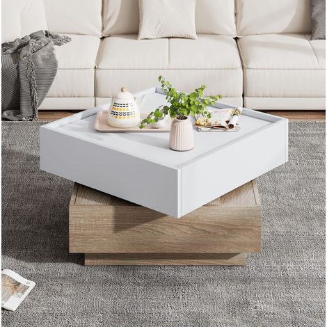 Tavolino quadrato bianco e legno girevole a 360°, piano rotante a 2 livelli e vano portaoggetti, 60x60x38 cm (1/5)