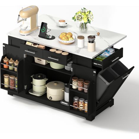 Isola cucina 138 x 86 x 92 cm in MDF nero, piano effetto marmo, con ruote - CHICFURN (1/5)