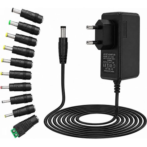 Chargeur 12V 3A 36W Alimentation Universelle AC 220V-230V vers DC 12V Adaptateur Secteur avec 10 Embouts pour Ruban LED, Routeur, Caméra CCTV, Écran PC, Haut-parleur et Appareils Électroniques (1/5)