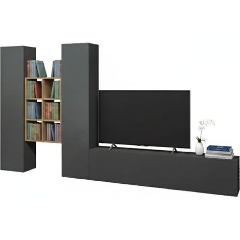 Dmora - Parete attrezzata Acuto, Set salotto porta TV a 3 ante, Mobile soggiorno multiuso, 100% Made in Italy, cm 320x30h180, Antracite e Acero