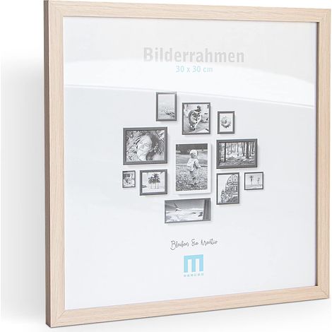 Cadre photo moderne en MDF naturel pour photos de 30x30 cm avec protection en verre acrylique, support de table ou pour le mur, format portrait ou paysage.