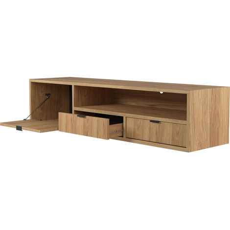 Mobile TV Sospeso In Melaminico Con 1 Anta A Ribalta 2 Cassetti E Vano A Giorno Per Zona Living Con Passacavo 150 X 35 X 40 Cm Rovere (1/5)