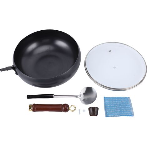 Poêle à frire brillante 28 cm, Wok en fer forgé antiadhésif martelé à la main avec spatule, manche en bois pour une personne, couvercle en verre 30 cm. (1/2)