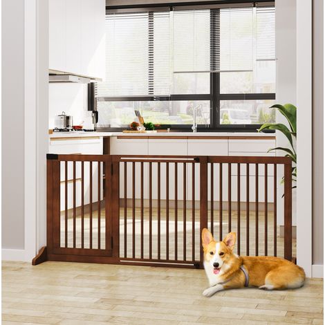 Barrera autoportante de madera marrón para perros con puerta 113-166 x 71 cm OKWISH (1/5)