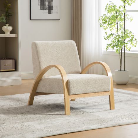 Fauteuil lounge scandinave tissu chenille beige, structure bois robuste salon chambre