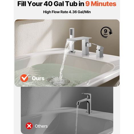 Mitigeur de Baignoire Romaine, Robinet de Bain 3 Trous, Cascade, avec Pommeau de Douche et 1 Poignée, en Acier Inoxydable Brossé, à… (1/5)