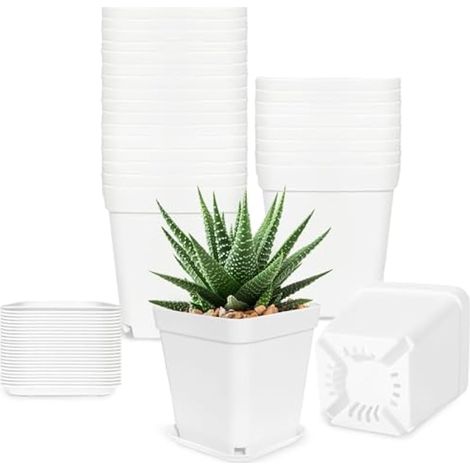 Anyumocz Lot de 24 pots de fleurs carrés en plastique blanc de 7,6 cm avec soucoupes, pot de fleurs pour plantes, jardin, fleur, maison, bureau, balcon, décoration intérieure et extérieure (1/5)