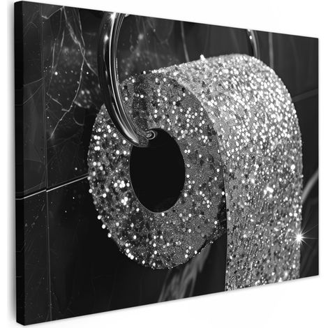 TABLEAU SUR TOILE WC - Papier hygiénique - Noir et blanc - Paillettes Décoration Murale 40x30 cm